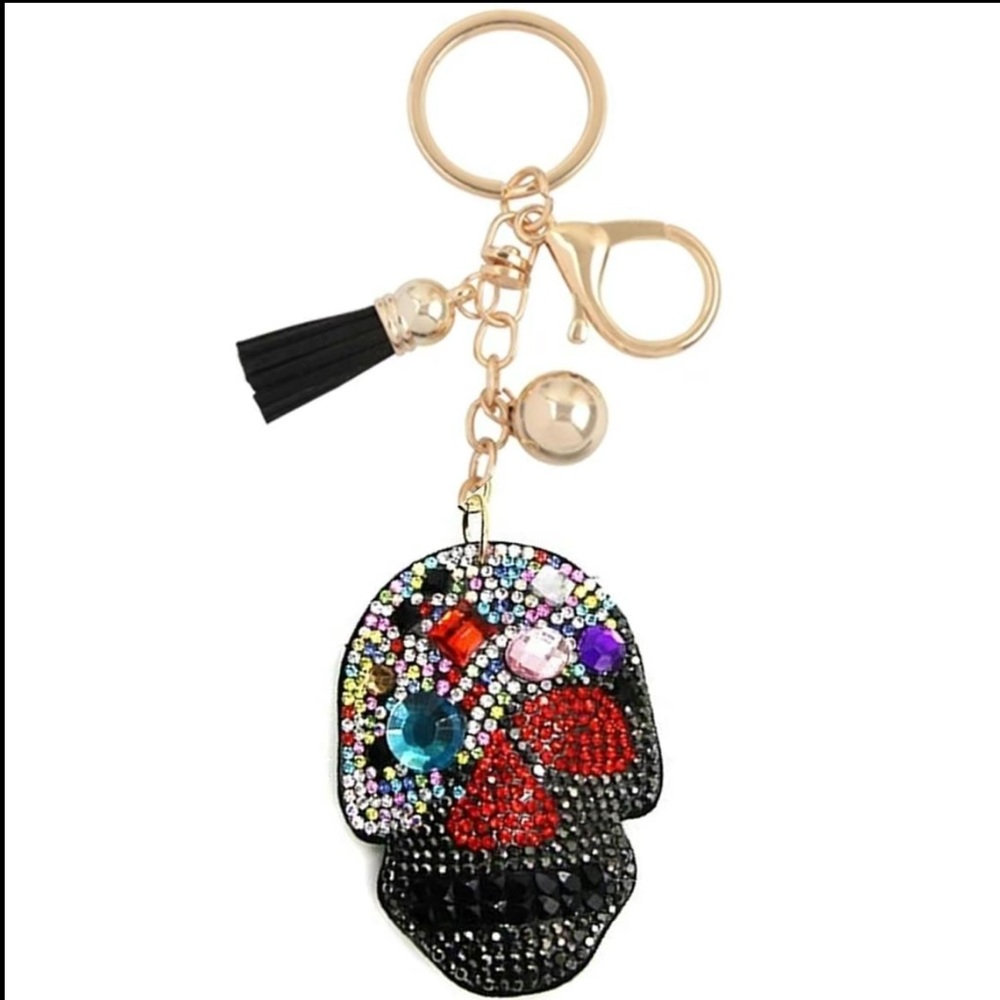 Black Bling Skull Rhinestone Bag Charm Keyring